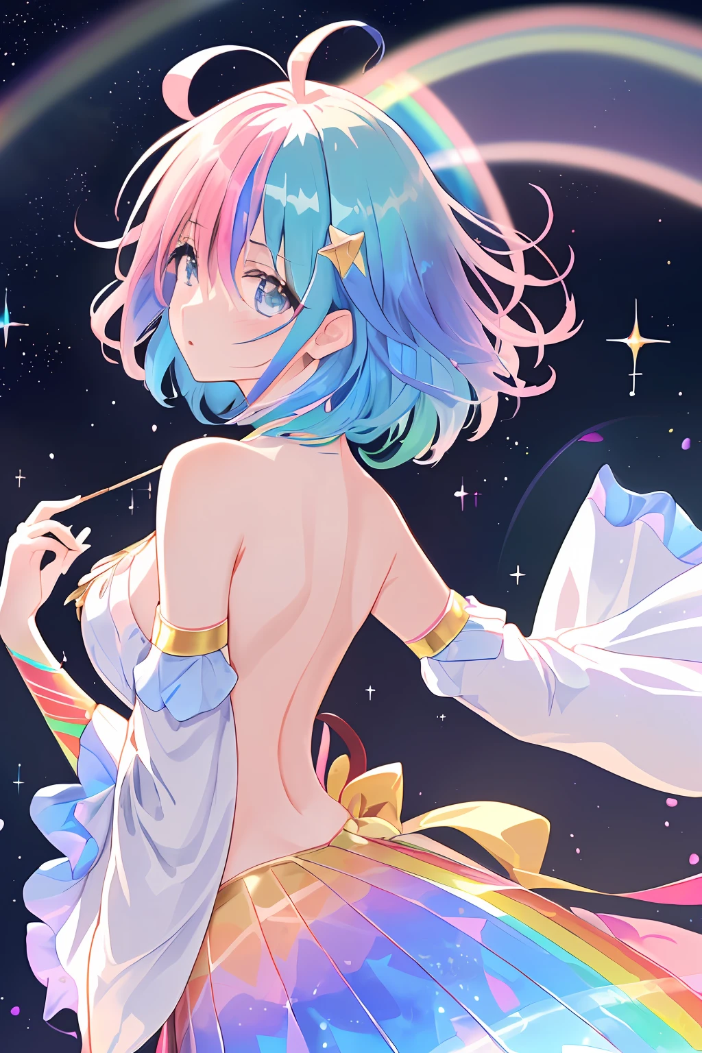 ((extremelydetailedCG)),((8K_Wallpaper)),(((masutepiece))),((top-quality)),watercolor paiting_(Medium),((Beautiful detail starry sky)),both sexes, (((highly detailed back ground))),Princess,very long iridescent hair,from side view,LookingATVIEWER,fullllbody,frilld,(Far from the viewer),((Highly detailed facial)),((Very delicate and beautiful girl)),((extremely detailed cute anime face)),((Very detailed eyes)),(((extra detailed body))),(ultra-detailliert),Illustration,((bare stomach)),((Bare shoulders)),smallbreast,((sideboob barbosa)),((((Floating and rainbow hair)))),(((Iridescence and rainbow hair))),(((Very detailed clothes))),((((Rainbow and iridescent colors)))),(Rainbow colors and rainbow eyes),Beautiful detail hair,Beautiful fece,dramaticangle,(big top sleeves),frilld,blush,(Ahoge)