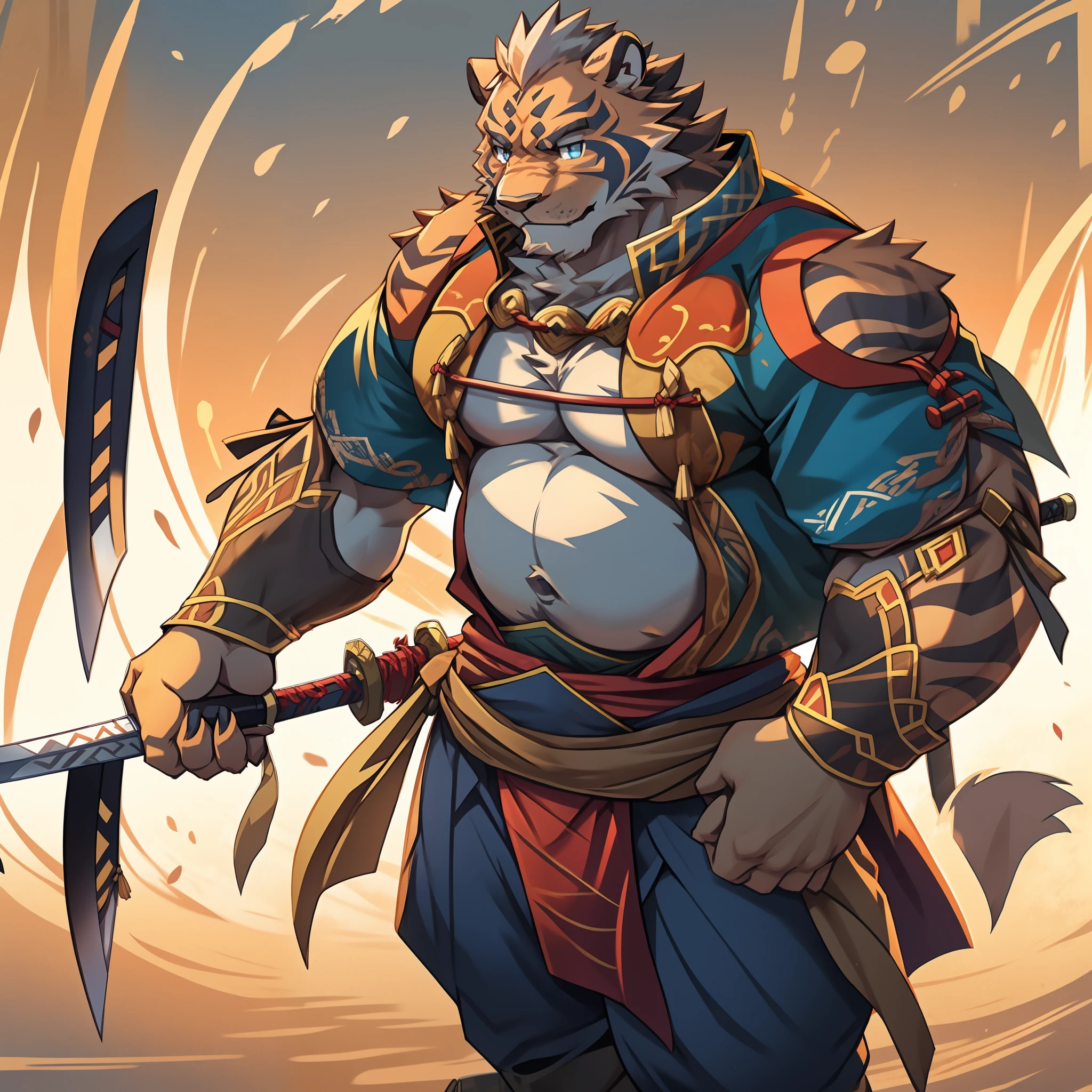 Lin Hu，musculature，tit，Fat Chubby，Wear a katana，potbelly，Plump and firm，Huge protrusions on the lower body，Wear a katana，Samurai style，carrying swords on his back，Five fingers，byself，Put your hands in your pockets