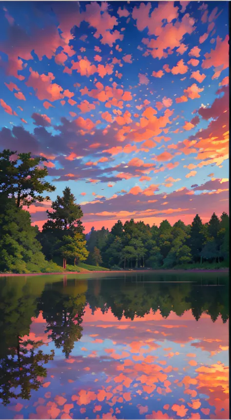 there is a beautiful sunset with a lake and trees in the background, colorful skies, surreal colors, colorful sunset, colorful s...