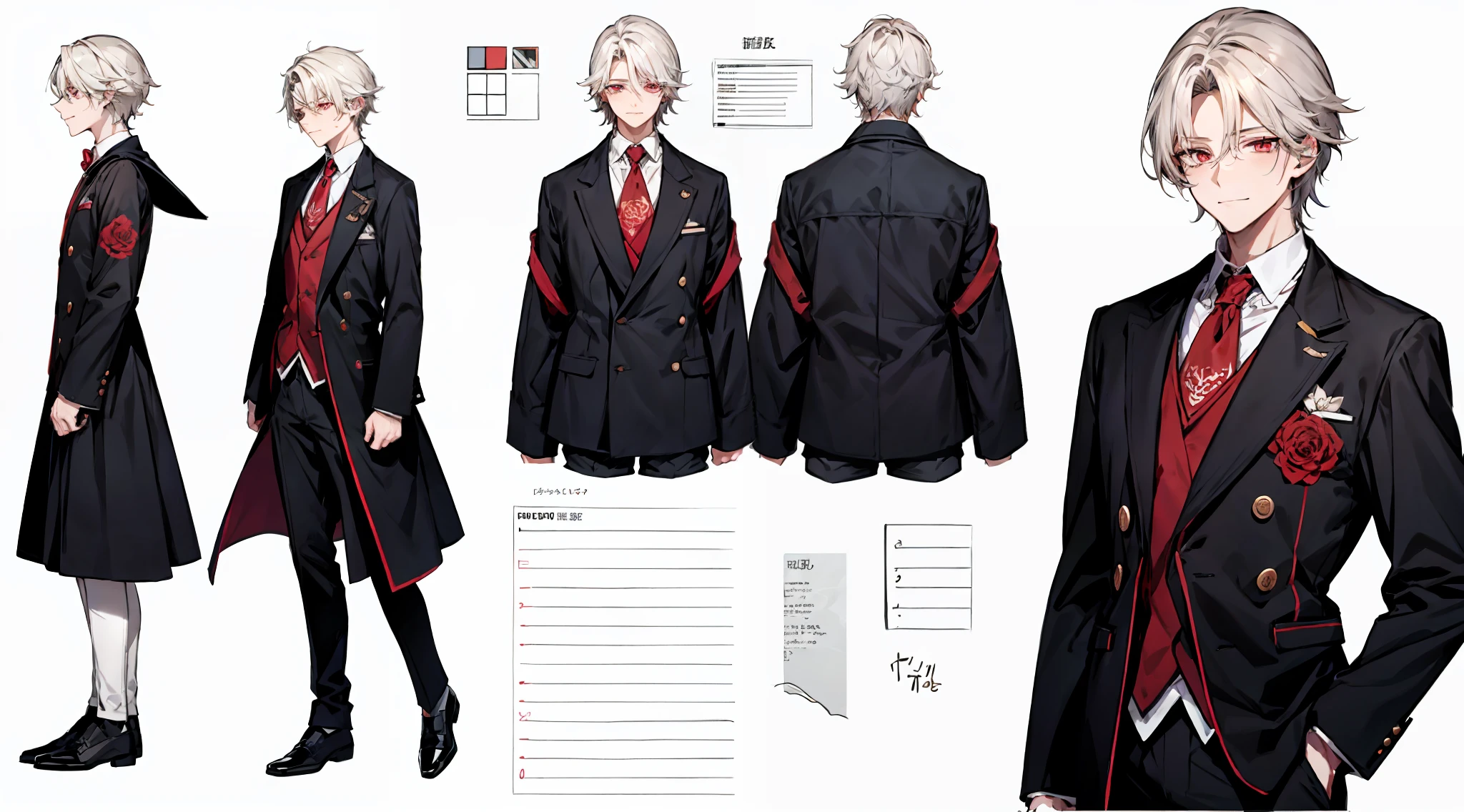 （（tmasterpiece）），（（（（best qualtiy））），（CharacterDesignSheet，Same character，frontage，Lateral face，on  back），lovely boy，with short white hair，red color eyes，ssmile，Black sailor costume with shorts，Red roses as accessories，详细的脸，detailed hairs，（simple backgound，white backgrounid：1.3）