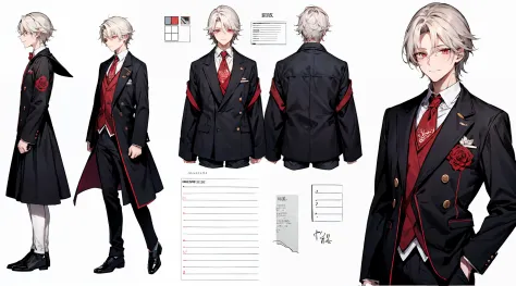 （（tmasterpiece）），（（（（best qualtiy））），（CharacterDesignSheet，Same character，frontage，Lateral face，on  back），lovely boy，with short white hair，red color eyes，ssmile，Black sailor costume with shorts，Red roses as accessories，详细的脸，detailed hairs，（simple backgound...