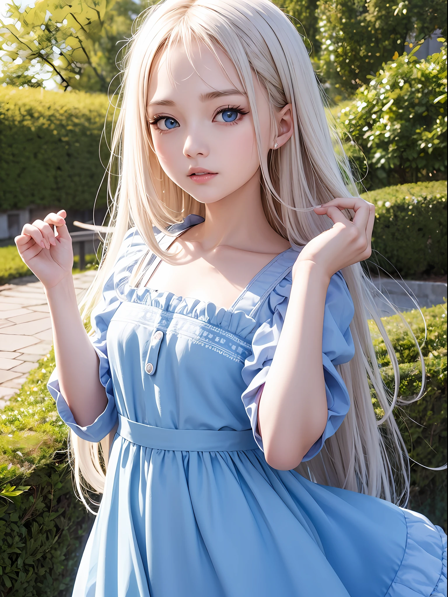 top-quality、超A high resolution、a picture、a photo of a cute girl、Detailed cute and beautiful face、(pureerosface_v1:0.008)、alice in the wonderland、13years、White shiny skin、bangss、Platinum Blonde Super Long Straight Silky Hair、finer hair、Attractive beautiful crystal clear big blue eyes、White Apron、a blue dress、without makeup