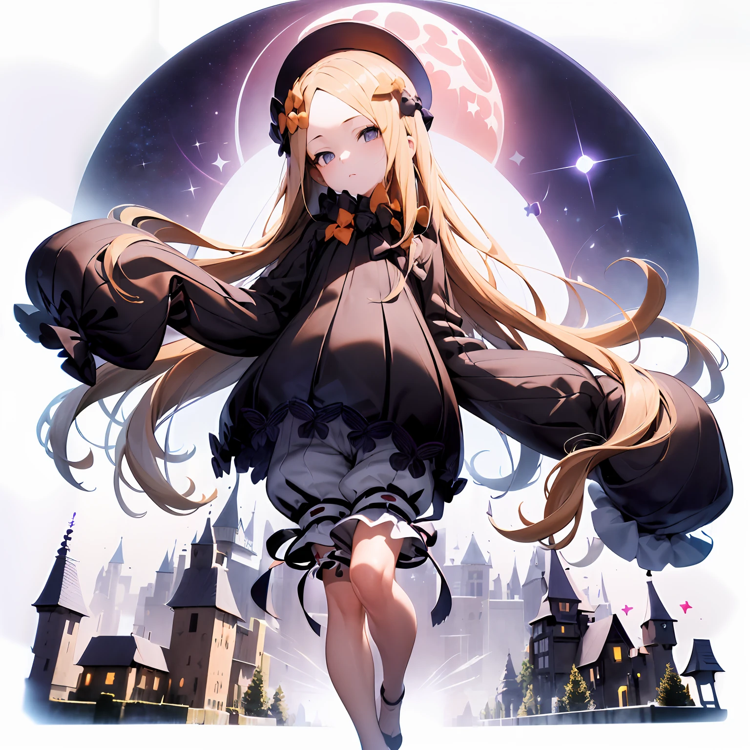 [(white background:1.5)::5], hexagon,masterpiece, best quality,
1 girl, mid shot, full body, hmaw1, long hair, hat, black dress, long sleeve, black sleeves, white bloomers, night, red moon,purple sky, starry sky, on top a castle, against backlight