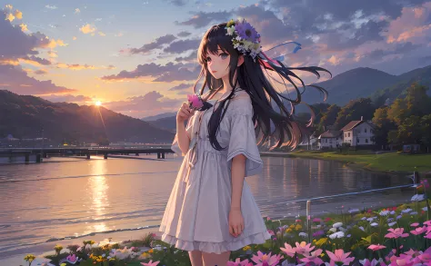 In the sunset、Girl looking at anemone flowers