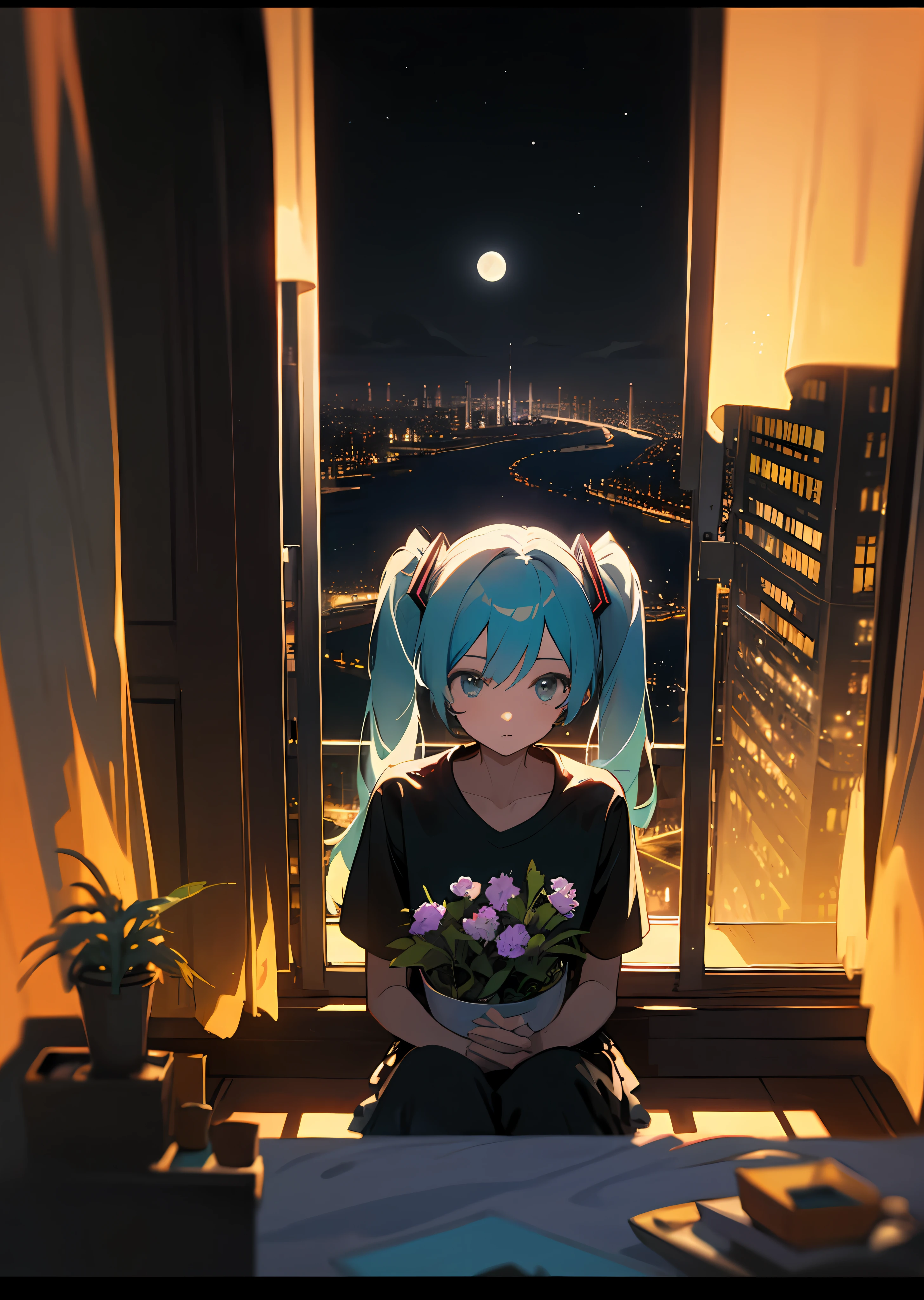 Miku Hatsune、solo、sentado en、cuarto desordenado、mirando a lo lejos、camiseta rockera negra、dark、Vista de la ciudad por la noche desde la ventana、cuarto oscuro、Macetas en el alféizar de la ventana.、planta en maceta、Cortinas transparentes de tul.、Terraplén del río、A lo largo del rio、clasicismo socialista、edificios de gran altura、Luz de la ciudad、paisaje urbano、una luna、nubes、Cielo negro、Silueta solitaria junto a la ventana、 mirar、mirando a lo lejos、