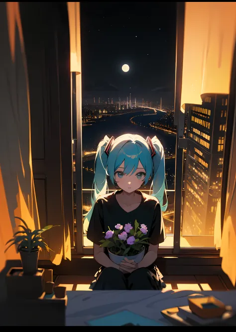 miku hatsune、独奏、sitting on、messy room、Looking into the distance、Black Rock T-Shirt、dark、City view at night from the window、darke...