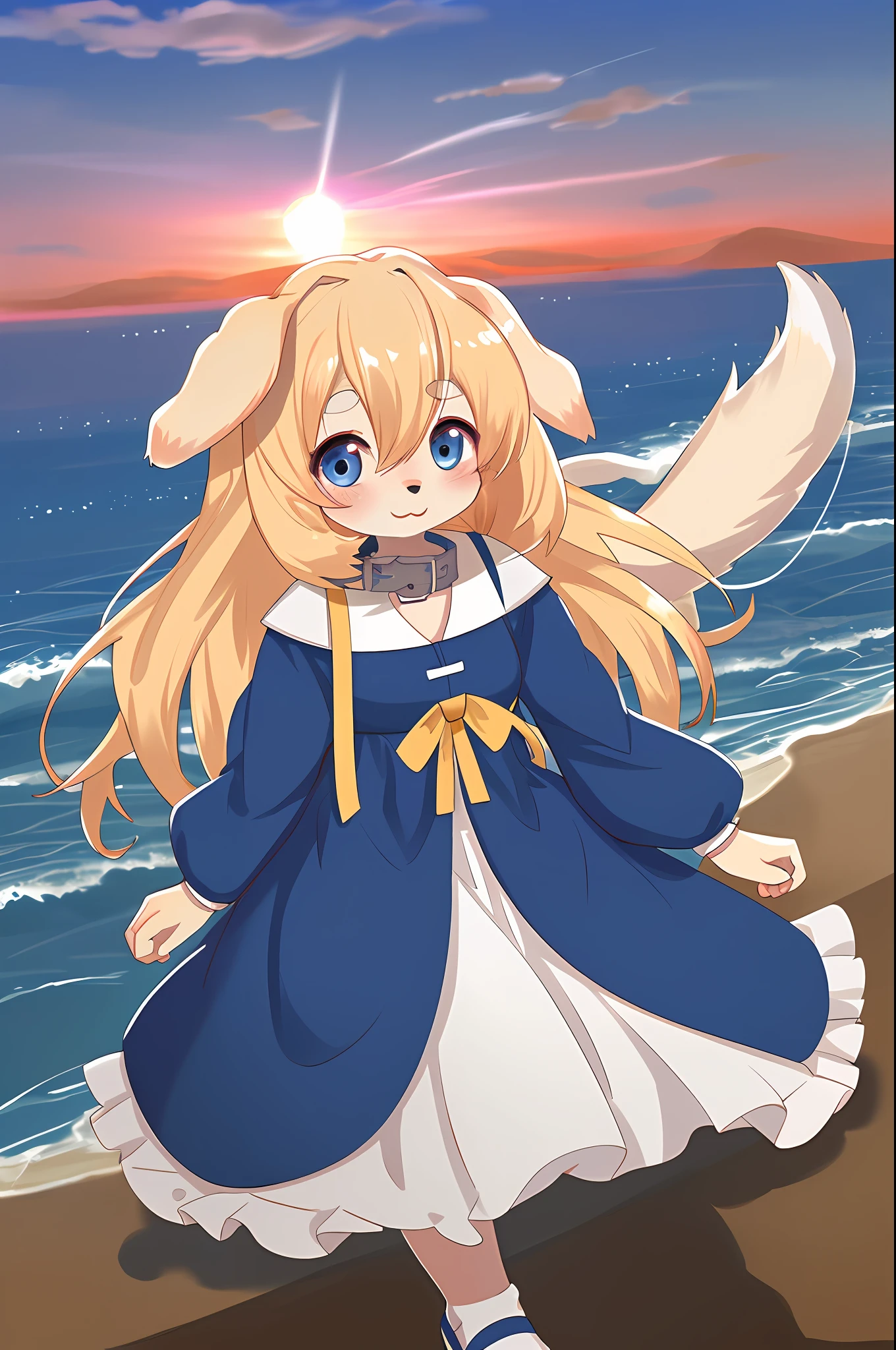 masterpiece, best quality, sfw, a cute dog girl, female child ,10 years old, blonde hair, flat chest, blue eyes, dog ears, dog tail, collar, sunset, solo, 1 girl, cute, dress, loli, dog girl,