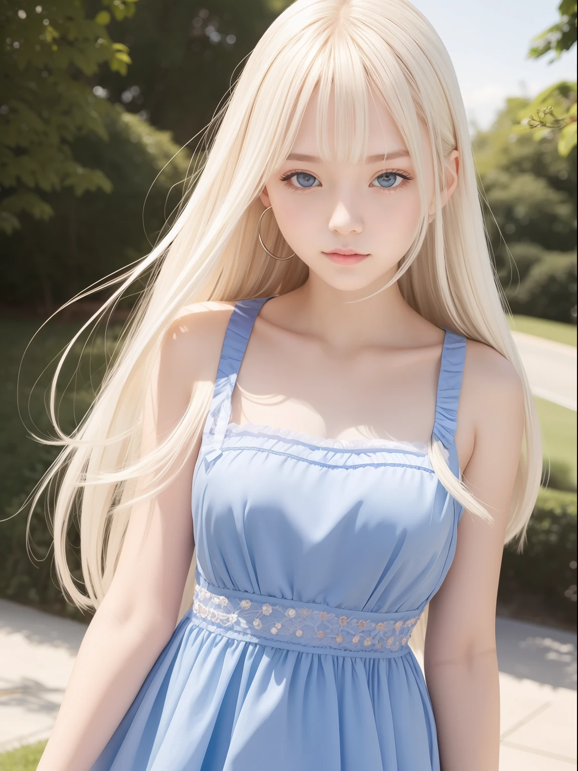 top-quality、超A high resolution、a picture、a photo of a cute girl、Detailed cute and beautiful face、(pureerosface_v1:0.008)、Beautiful bangs、alice in the wonderland、14years、White shiny skin、bangss、Platinum Blonde Super Long Straight Silky Hair、finer hair、Attractive beautiful crystal clear big blue eyes、White Apron、a blue dress、without makeup