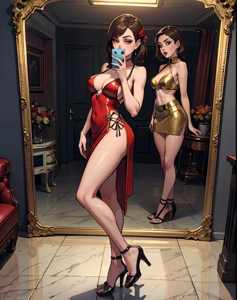 there is a woman taking a picture of herself in a mirror,brown hair very sexy outfit, full body length shot, full body in view, sexy outfit, 👁🌹👾, mid body shot, shot from the side, full length shot,two piece dress,golden top,golden mini skirt,naval, bellyb...