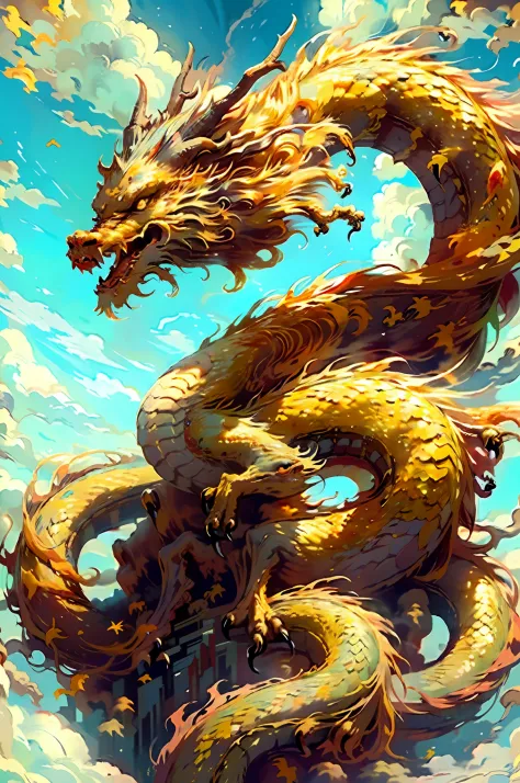 Q version, golden, best quality, masterpiece, super high resolution, no human, (length: 1.2), sky, yellow eyes, clouds, scales, oriental dragon, open mouth, sharp teeth, flying, horns, teeth, sky, claws, fangs, blue sky, spitting fire