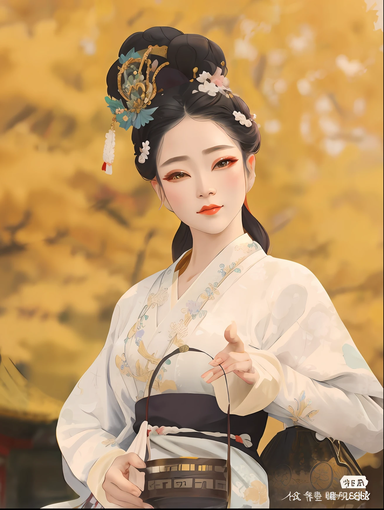 Arad woman in kimono dress holding purse, Hanfu, Palace ， A girl in Hanfu, Wearing ancient Chinese clothes, White Hanfu, ancient chinese beauti, Traditional Chinese clothing, ancient china art style, autumnal empress, Princesa chinesa antiga, Beautiful rendering of the Tang Dynasty, Chinese style, with acient chinese clothes, Tang dynasty, a beautiful fantasy empress