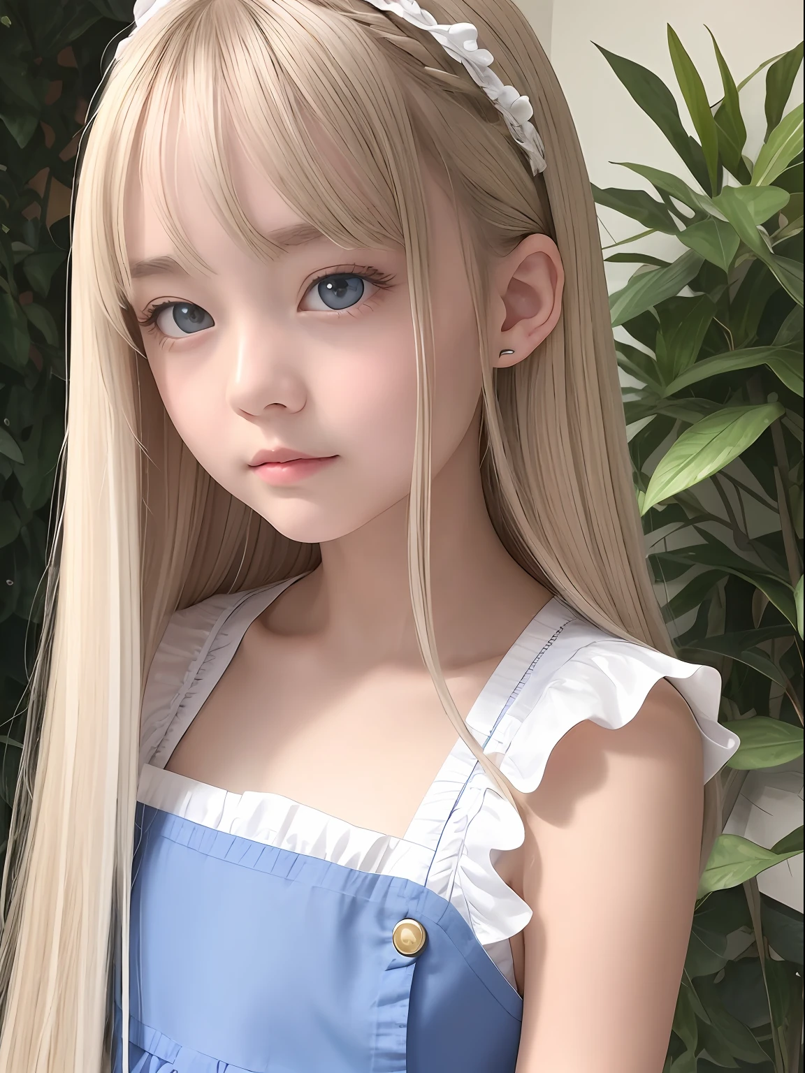 top-quality、超A high resolution、a picture、a photo of a cute girl、Detailed cute and beautiful face、(pureerosface_v1:0.008)、Beautiful bangs、alice in the wonderland、14years、White shiny skin、bangss、Platinum Blonde Super Long Straight Silky Hair、finer hair、Attractive beautiful crystal clear big blue eyes、White Apron、a blue dress、without makeup