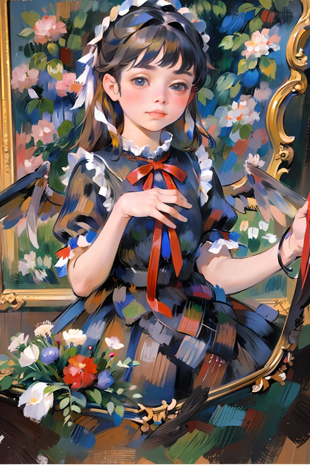 1girl, loli, red глаза, black  hair, Straight bangs, (straight hair), Long hair, Black Dress, ((Lolita Dress)), Red ribbons, Nautical tie, Bows, frilld, (Flowers), (((black wings))), (Renoir), (oil painting), (Sketch)