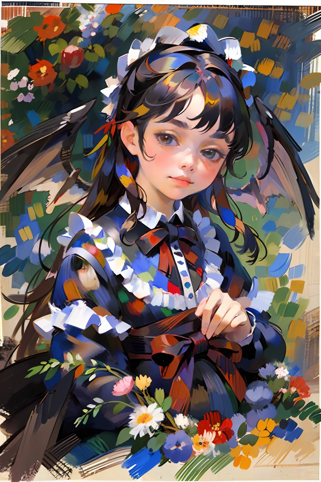 1girl, loli, red глаза, black  hair, Straight bangs, (straight hair), Long hair, Black Dress, ((Lolita Dress)), Red ribbons, Nautical tie, Bows, frilld, (Flowers), (((black wings))), (Renoir), (oil painting), (Sketch)