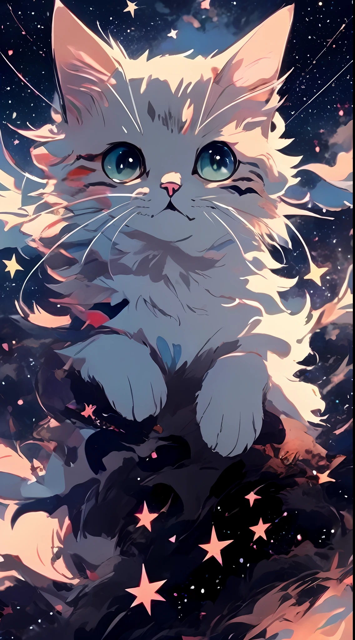 Anime art wallpaper, background starry sky, cat head appearance, 4K clarity. Draw realistic and cute anime cats in detail, digital art style. 8K high-definition digital animation wallpaper, ultra-high detail value, small and cute, showing the most exquisite digital animation art.