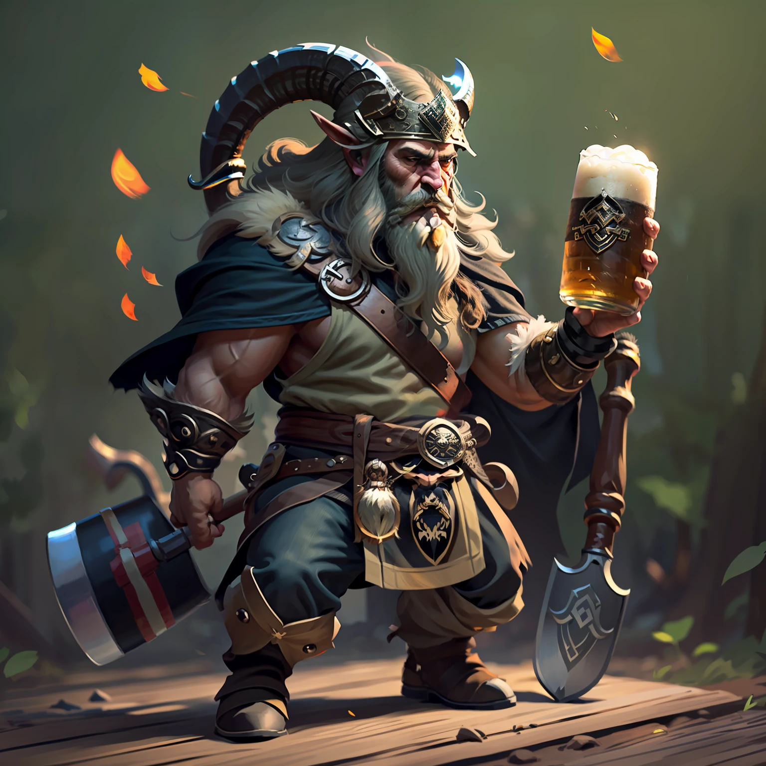 Bélier noir stylisé avec un visage mal représenté, tout le corps habillé en Viking avec barbe et casque sur la tête avec une hache dans une main et un verre de bière dans l&#39;autre main