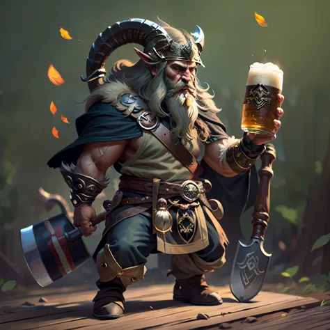 Stylized black ram with a badly shown face full body dressed as a Viking with beard and helmet on his head with an axe in one ha...