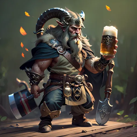 stylized black ram with a badly shown face full body dressed as a viking with beard and helmet on his head with an axe in one ha...