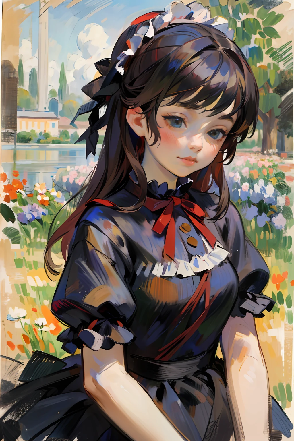 1girl, , red глаза, black  hair, Straight bangs, (straight hair), Long hair, Black Dress, ((Lolita Dress)), Red ribbons, Bows, frilld, (Flowers), (Renoir), (Monet), (oil painting), (Sketch)