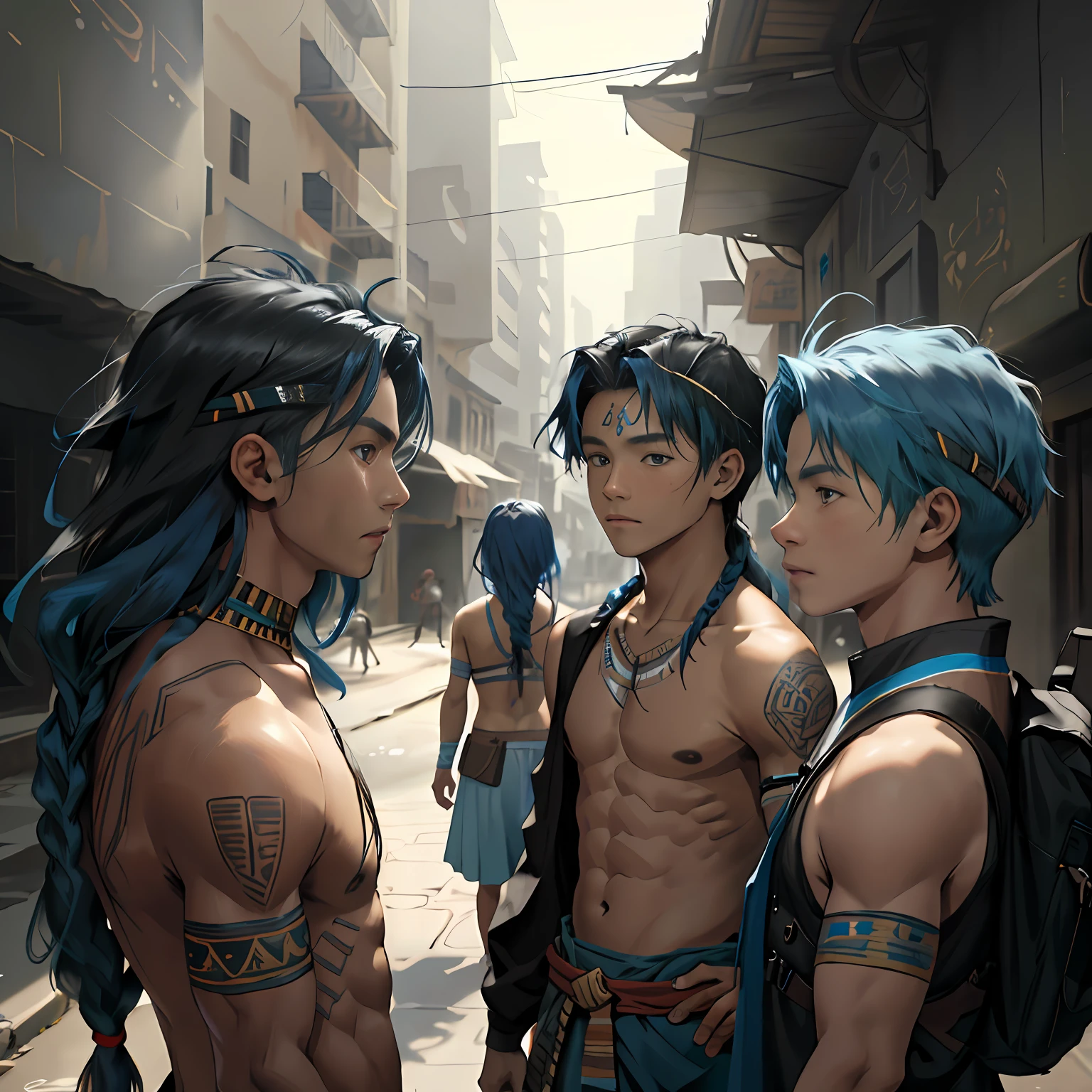 un grupo de 3 amigos cabello color azul, are 13 and 14 years old, They are side by side ready to fend off the enemy army as they invade the city 14 years of blue hair., The 14-year-old boy with straight hair with his back uncovered and his chest bare but dressed in typical clothes of ancient Egypt with dark skin walking lost through the different streets of a city is noon. doferentes angulos mira la ciudad desde lo slto de una colina.