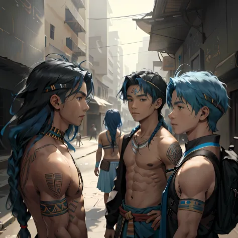 un grupo de 3 amigos cabello color azul, are 13 and 14 years old, They are side by side ready to fend off the enemy army as they...