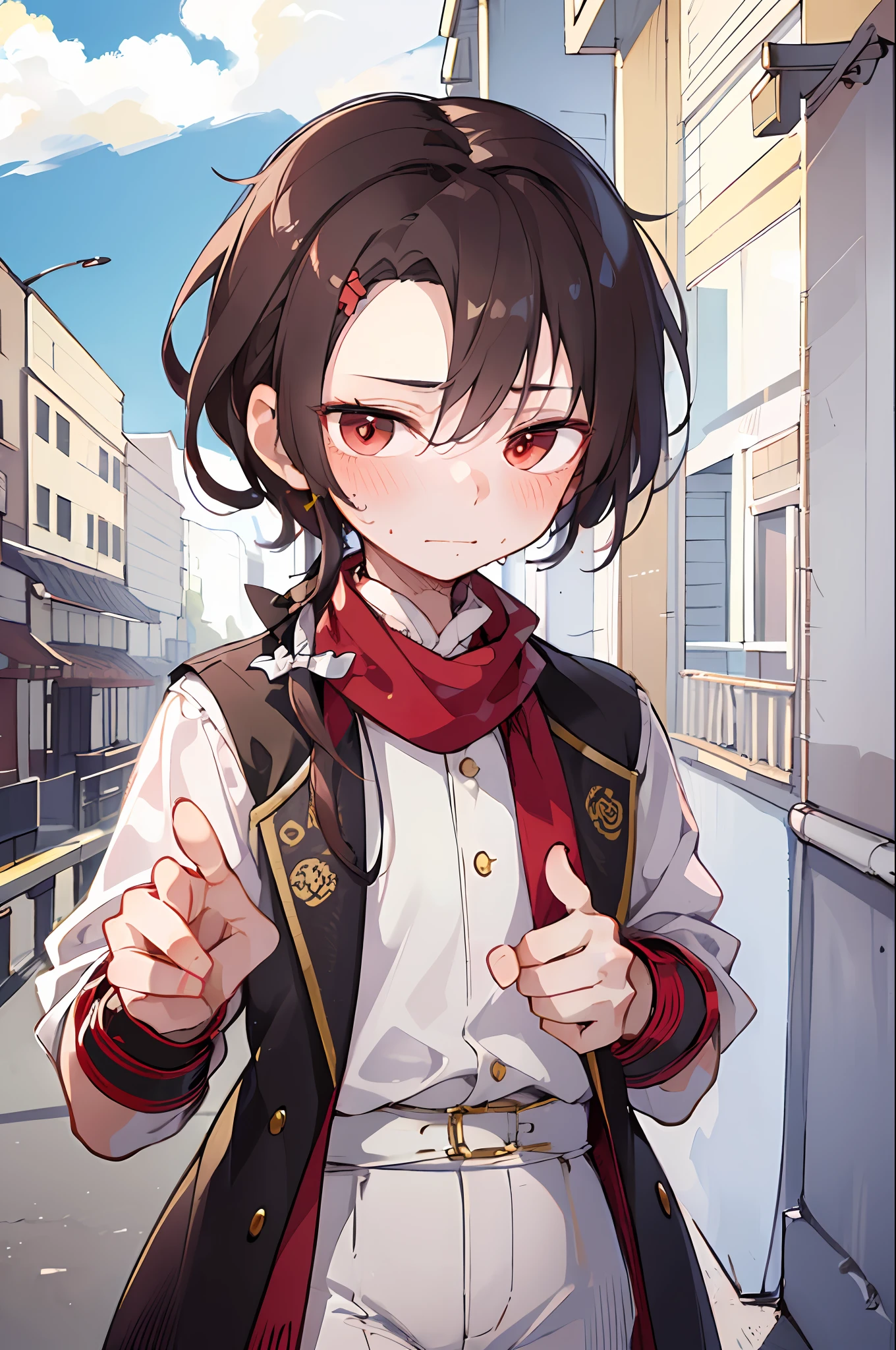 (masterpiece, best quality:1.2), cowboy shot, solo, male focus, 1boy, kashuu kiyomitsu, expressionless, closed mouth, looking at viewer, ponytail, japanese clothes, red scarf, jewelry