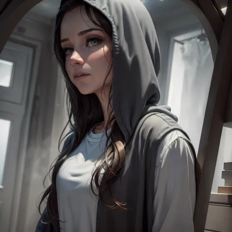 there's a woman in a hoodie in front of a mirror, menina de cabelo preto vestindo capuz, detailed cinematic render, unreal engin...