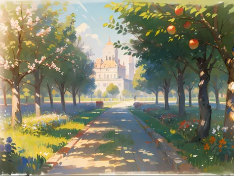 ((estate)), ((palace)), columns, garden, sunlight rays, the trees, Apple trees, (Flowers), (Renoir), (many), (oil painting), (Sk...