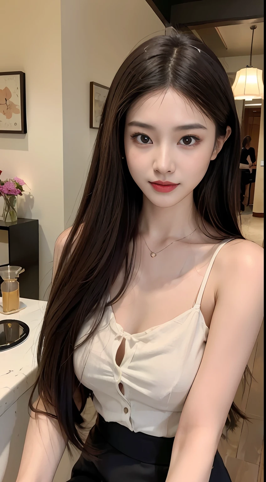 best qualtiy，tmasterpiece，Ultra-high resolution，8k，（Reality：1.4），Live-action photo，RAW photogr，A picture，1girll，filmgrain，A picture，The background is blurred out，Natural skin texture，Realistic eye and face depiction details，Realistic lipstick，medium boob，Araki woman in black dress standing in front of a glass display case, a picture by Yang J, Tumblr, tachisme, ulzzangs, full-body xianxia, Korean girl, xision wu, Gorgeous young Korean woman, Asian girl with long hair, With long hair, 1 girl, beautiful Korean women，Realistic cinematic lighting，looking to the camera，Glowing skin，Light smile，Real images，light and shadow effect，The skin texture is clear，Studio quality，Precise and perfect human anatomy，Hair details，facial closeups，Real images，skin textures，light and shadow effect，