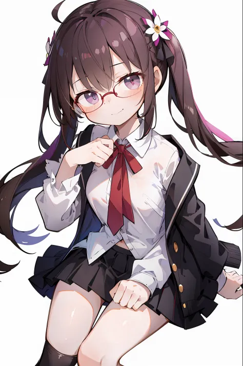 (masterpiece, best quality:1.3), 1girl, ahoge, black-framed_eyewear, black_skirt, blush, braid, breasts, brown_hair, buttons, ca...