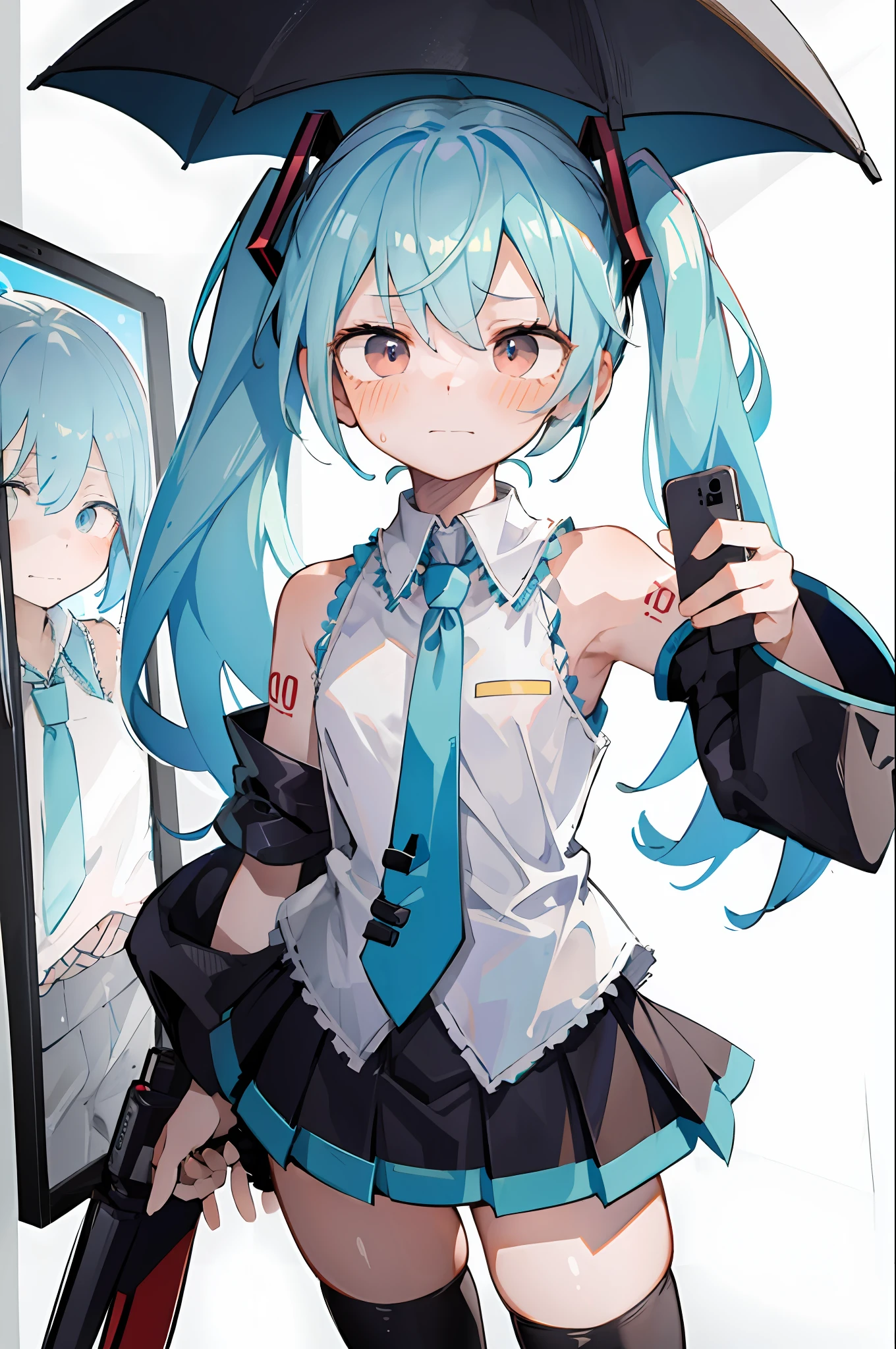 (masterpiece, best quality:1.3), 1boy, bangs, blue_hair, blush, brown_eyes, bulge, cosplay, crossdressing, detached_sleeves, embarrassed, eyelashes, hatsune_miku_(cosplay), holding, holding_phone, indoors, male_focus, mirror, necktie, otoko_no_ko, phone, pleated_skirt, selfie, shirt, skirt, sleeveless, sleeveless_shirt, solo, spring_onion, standing, sweat, thighhighs, twintails, umbrella, wig