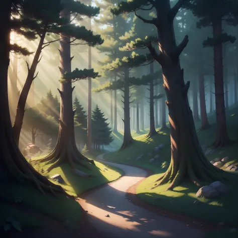 Forest with a shadowy valley with children's book illustration style