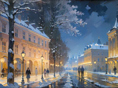 ((palace)), columns, lights in windows, ((Russia)), ((19 century)), coaches, snow, winter, night, evening, (Renoir), (Monet), (o...
