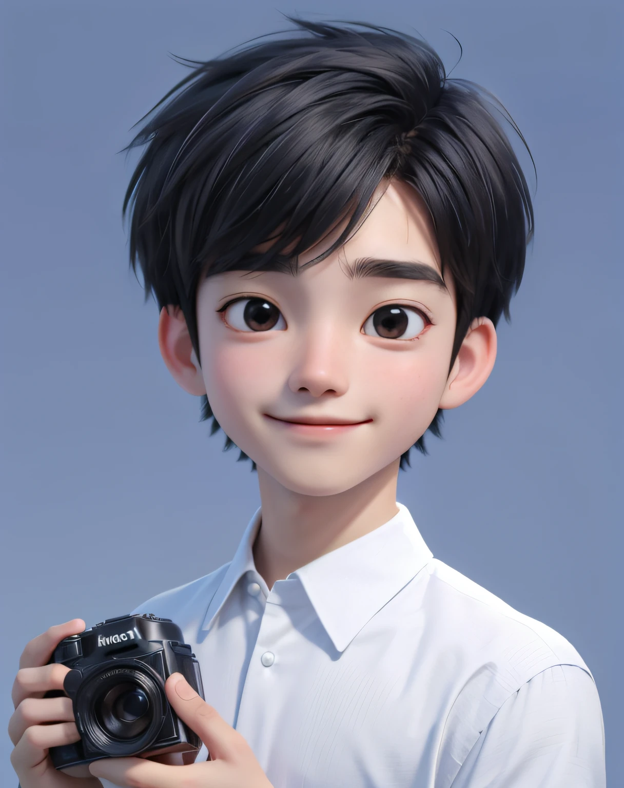 best quality, 25 years old, alone, cartoon portrait, with a short beard, the background is a room with a film set, short hair, Boy holding the camera in the air taking pictures, with a beard on his face