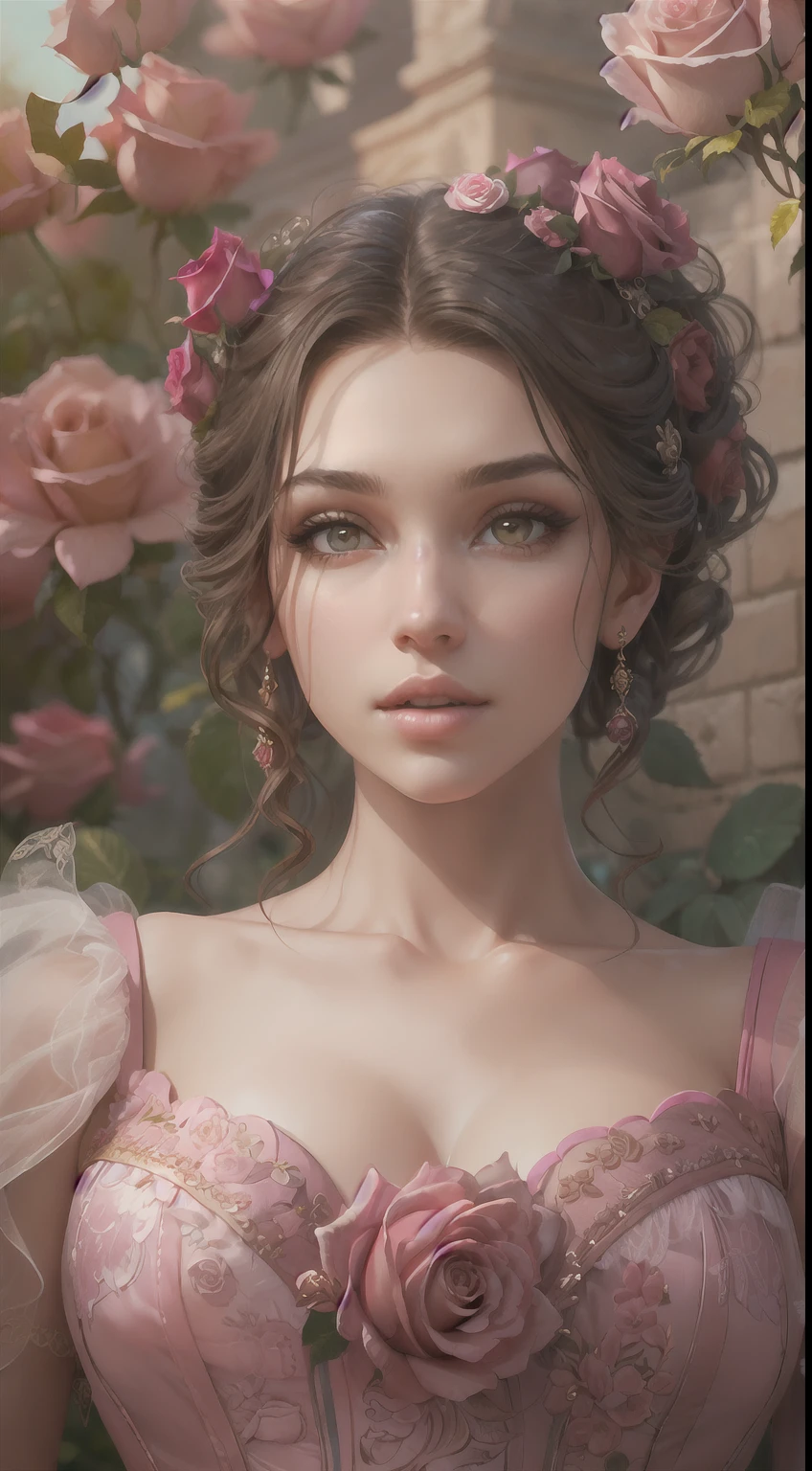 This is realistic fantasy artwork set in the castle's enchanted rose garden. Generate a proud woman with a highly detailed face dressed in the billowing folds of a stunning French silk ballgown. The woman's sweet face is ((((highly detailed, with realistic features and soft, puffy lips.))))  The ballgown is embellished with ruffles, sashes, and bows and a delicately, but intricately, hand-embroidered bodice. The corset features silk ribbon. The woman's stunning eyes are beautifully detailed, featuring realistic shading and multiple colors and high resolution. The woman is in a garden of eternal roses, each one beautifully formed and highly detailed. These realistic roses feature shimmering shades of pink, yellow, orange, and glimmering red. The eternal rose is a deep shade of red with shimmering pink overtones and undertones. Ensure that the woman's face, hair, and eyes are perfect. realism, high fantasy, whimsical fantasy, storybook fantasy, fairytale fantasy, fantasy details, enchanting, bewitching, 8k, hires, cgi, digital painting, unity, unreal engine, (((masterpiece))), intricate, elegant, highly detailed, majestic, digital photography, art by artgerm and ruan jia and greg rutkowski, (masterpiece, finely detailed beautiful eyes: 1.2), hdr, realistic skin texture, (((1woman))), (((solo))), Include a highly detailed face, extremely detailed face, and interesting background.