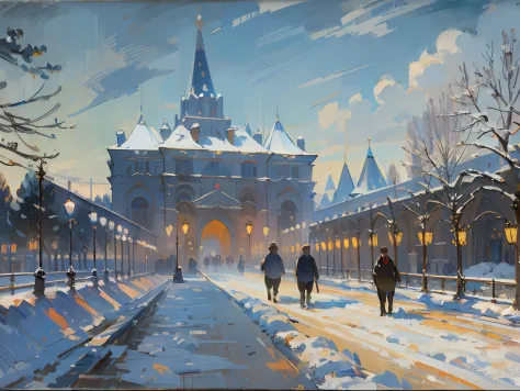 ((palace)), columns, night, evening, lights, ((Russia)), ((19 century)), coaches with horses, snow, winter, (Renoir), (Monet), (...