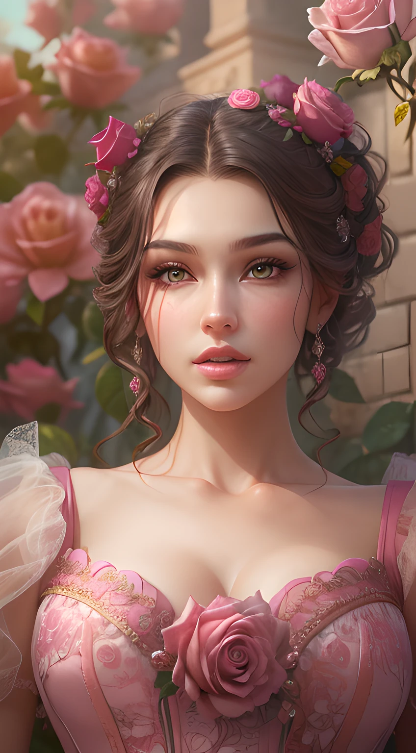 This is realistic fantasy artwork set in the castle's enchanted rose garden. Generate a proud woman with a highly detailed face dressed in the billowing folds of a stunning French silk ballgown. The woman's sweet face is ((((highly detailed, with realistic features and soft, puffy lips.))))  The ballgown is embellished with ruffles, sashes, and bows and a delicately, but intricately, hand-embroidered bodice. The corset features silk ribbon. The woman's stunning eyes are beautifully detailed, featuring realistic shading and multiple colors and high resolution. The woman is in a garden of eternal roses, each one beautifully formed and highly detailed. These realistic roses feature shimmering shades of pink, yellow, orange, and glimmering red. The eternal rose is a deep shade of red with shimmering pink overtones and undertones. Ensure that the woman's face, hair, and eyes are perfect. realism, high fantasy, whimsical fantasy, storybook fantasy, fairytale fantasy, fantasy details, enchanting, bewitching, 8k, hires, cgi, digital painting, unity, unreal engine, (((masterpiece))), intricate, elegant, highly detailed, majestic, digital photography, art by artgerm and ruan jia and greg rutkowski, (masterpiece, finely detailed beautiful eyes: 1.2), hdr, realistic skin texture, (((1woman))), (((solo))), Include a highly detailed face, extremely detailed face, and interesting background.