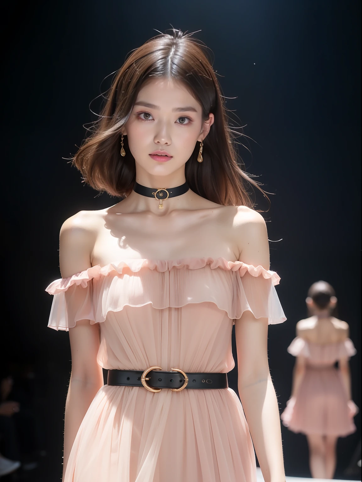(Best quality, 8k, 32k, Masterpiece, UHD:1.2),Photo of Pretty Japanese woman, 1girl, (medium-short dark brown hair), double eyelid, fashion model, beautiful legs, unique maxi very wet pink dress with slit, off-shoulder, gold belt, choker, stand tall, runway, huge stage, Paris Collection, nsfw, full body, see through,,