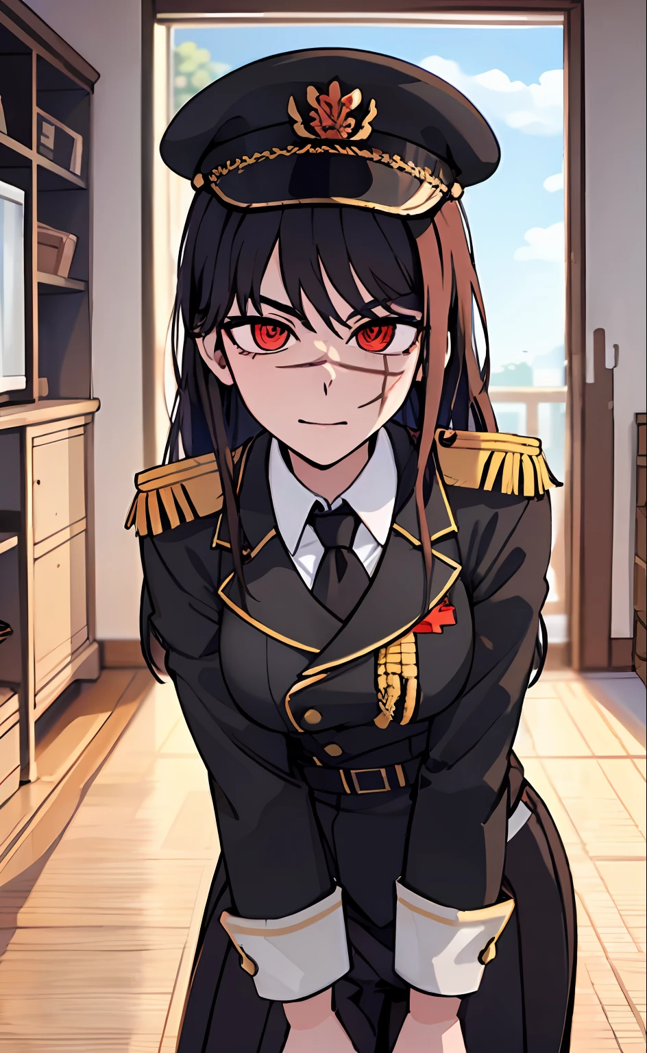 (masterpiece, best quality: 1.2), Solo, 1girl, Yoru \(Chainsaw Man\), looking at the viewer, different poses, red eye, long hair, completely black hair, reference to clothing of a German WWII general, black long sleeves (best quality), scar on face, beautiful eyes, has only 2 arms, has war medals on his clothes,  Black Military Cap, Golden Eagle Medal on Clothing, (Wallpaper), (8K HD), (8K HD), Golden Shoulder Pads, Sprites, 1 Single Design (obra maestra, mejor calidad: 1.2), Solo, 1girl, Yoru \(Chainsaw Man\), mirando al espectador, sonrisa, MALVADA, diferentes poses, ojo rojos, cabello largo, cabello completamente negro, reference to clothing of a German general from World War II, mangas largas negras (mejor calidad), cicatriz en la cara, hermosos ojos, tiene solo 2 brazos, tiene medallas de guerra en su ropa, Gorra militar negra, Golden Eagle Medal in Dress, (fondo de pantalla), (8K HD), (8K HD), hombreras doradas, sprites, 1 single design