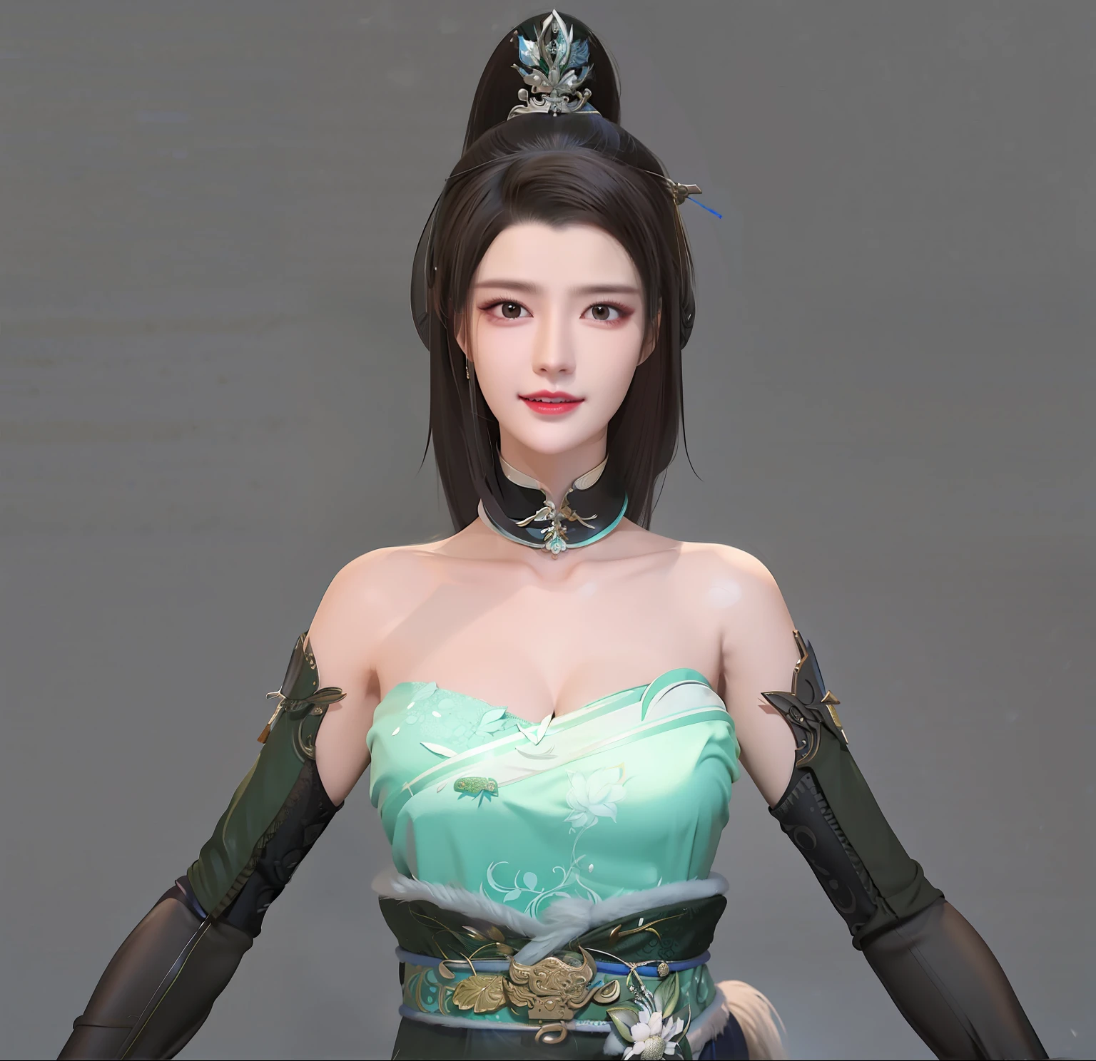 Close-up of a woman holding a sword in a green dress, inspired by Li Mei-shu, Inspired by Lan Ying, full-body xianxia, Female character, Inspired by Li Tang, inspired by Ju Lian, Inspired by Ai Xuan, inspired by Park Hua, inspired by Zhou Fang, Inspired by Qiu Ying, inspired by Wang Meng