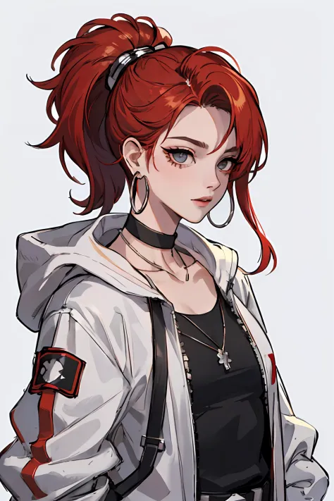 (masterpiece:1.2, 8k, best quality), (1lady, solo, upper body:1.2), hair: red bob, clothing: oversized, white cyberpunk jacket w...