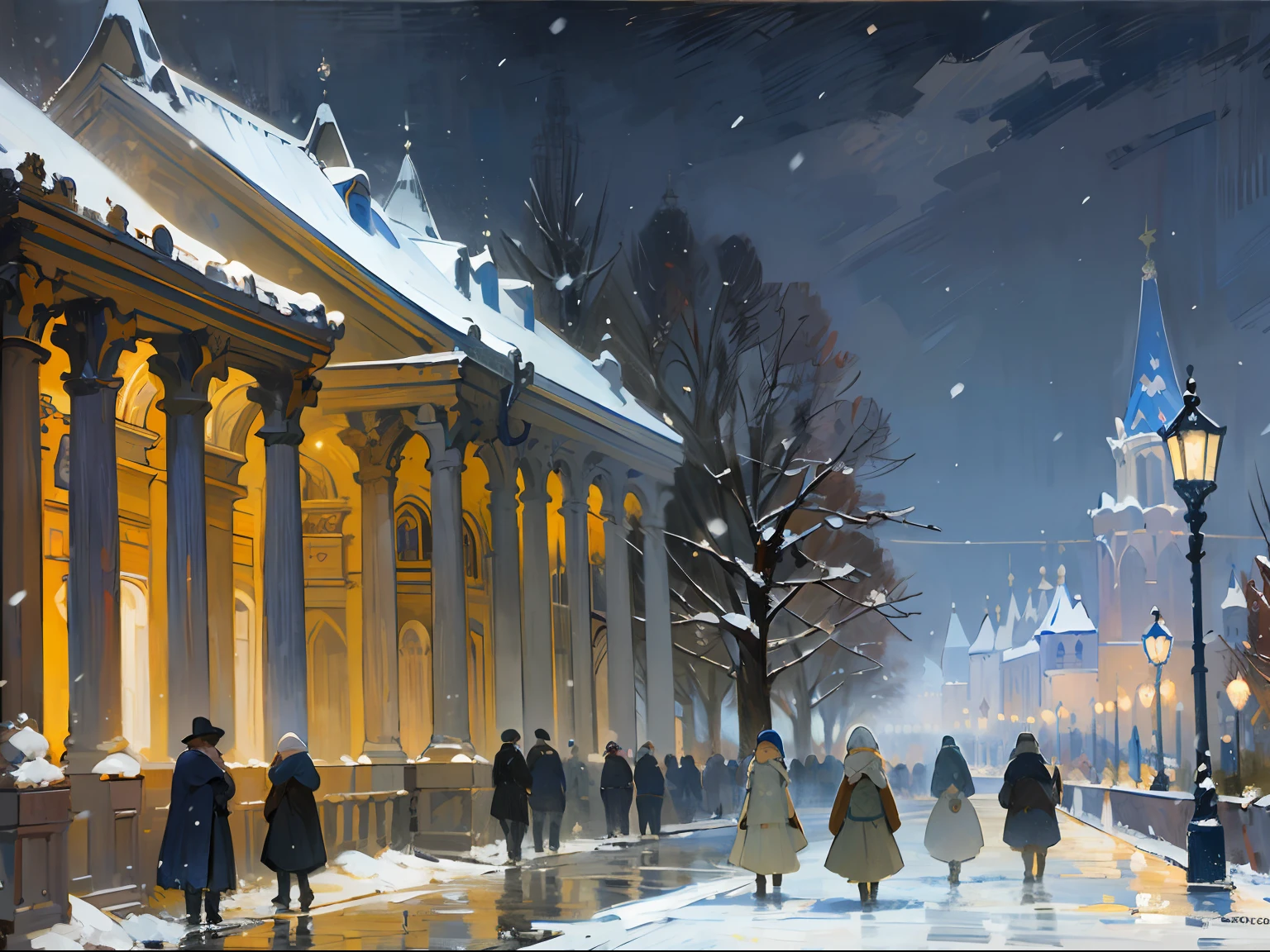 ((palacio)), columnas, ((Noche)), oscuridad, noche, luces, ((Rusia)), ((Siglo 19)), carro, nevando, invierno, (Renoir), (muchos), (pintura al óleo), (bosquejo)