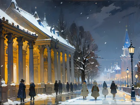 ((palace)), columns, ((night)), darkness, Evening, Lights, ((Russia)), ((19th century)), carriage, snowing, winter, (Renoir), (m...