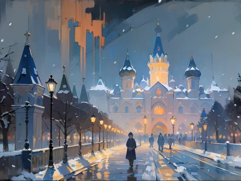 ((palace)), columns, night time, Evening, Lights, ((Russia)), ((19th century)), carriage, snowing, winter, (Renoir), (many), (oi...
