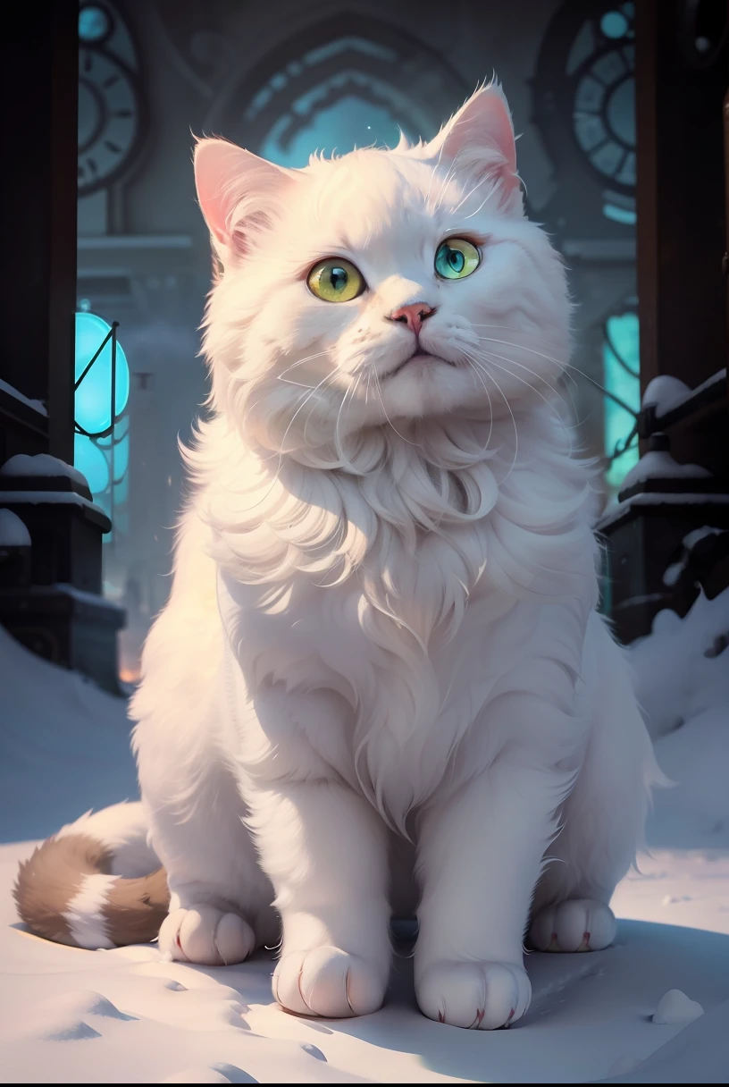 A cute  cat god in white gray and light yellow, with light and bright fur, Bright dark green pupils,close-up, Steampunk personification, Artstation illustrator, complicated details, sunny atmosphere, fresh, bright and warm light, face, full body portrait, dim light, illustration, ultra-high definition, 4K surreal, warm, cute, highly detailed, clear focus, professional, 8k ultra-high definition, film, drama, vivid, rendering, epic, dusk, HDR, album cover, Blizzard