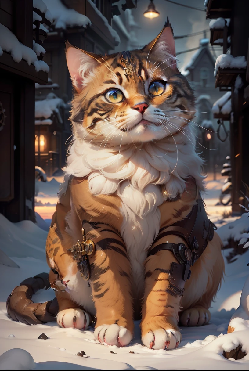 Cute cat god, close-up, Steampunk personification, Artstation illustrator, complex details, sunny atmosphere, fresh, bright and warm light, face, full body portrait, dim light, illustration, ultra-high definition, 4K surrealism, warmth, cute, highly detailed, clear focus, professional, 8k ultra-high definition, film, drama, vivid, rendering, epic, dusk, HDR, album cover, Blizzard,