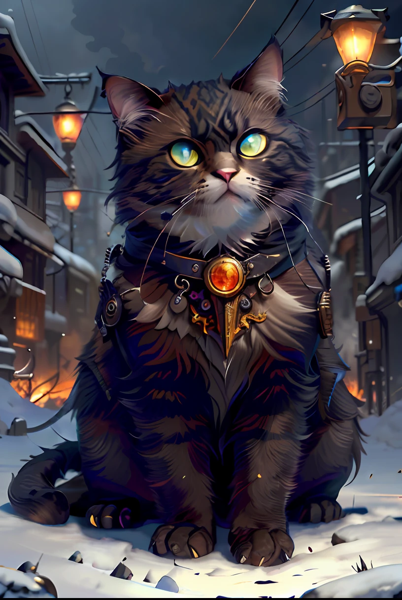 Angry cat god, closeup, steampunk anthropomorphic , black plague mask, Artstation illustrators, intricate details, face, full body portrait, dim light, illustration, UHD, 4K hyper realistic, tension, cold, highly detailed, sharp focus, professional, 8k UHD, cinematic, dark, violent, outdoor, River, battle, chase, dramatic, vivid, nervous vibe, render, epic, twilight, HDR, album cover, blizzard, lightning, cataclysmic