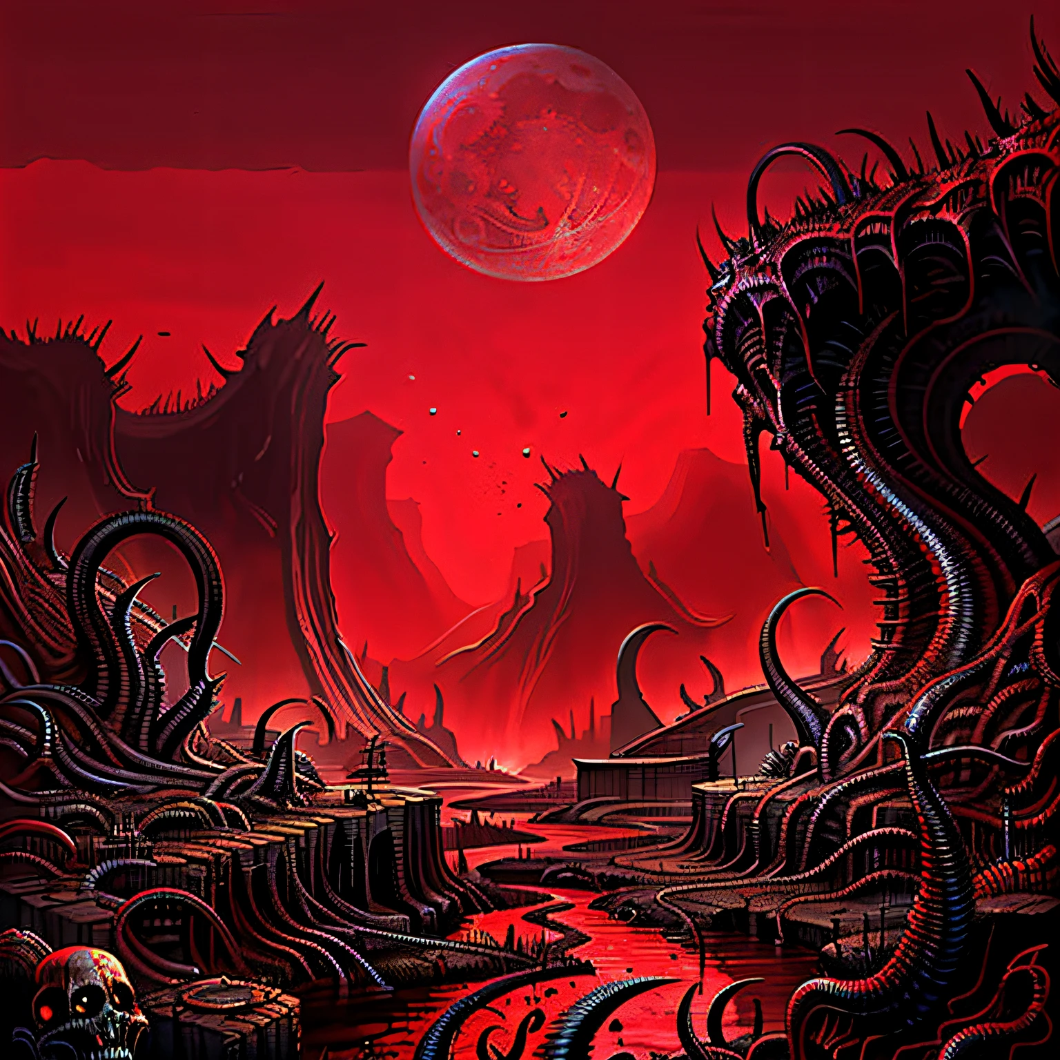 "A mad evil landscape。Tentacles rise from the abyss，Polluted rivers，A graveyard of horrors，Blood-red moon，Hyper-realistic engine，UHD sketch color painting。"