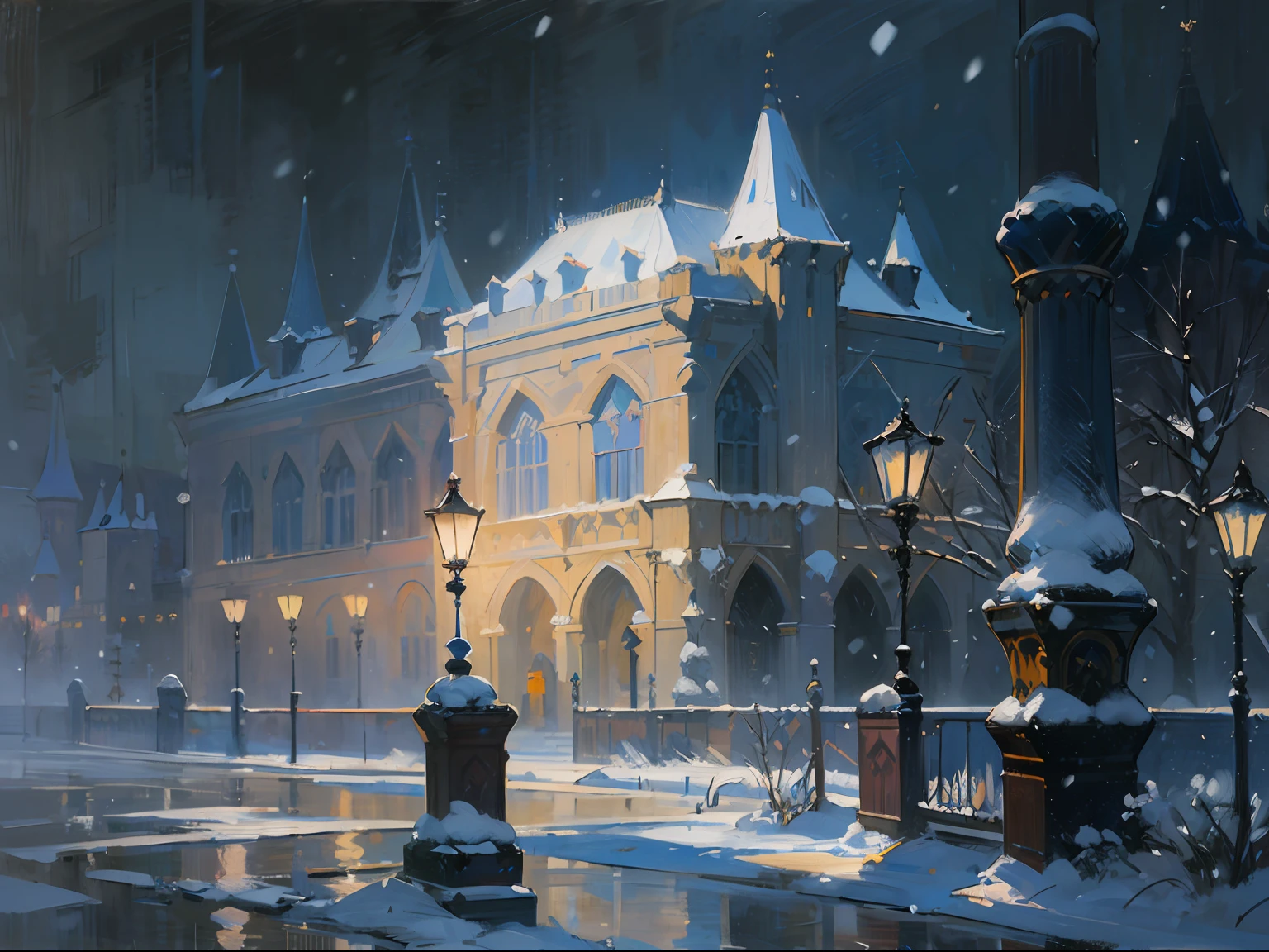 ((Palast)), ((Schloss)), Säulen, ((Nachtzeit)), Dunkelheit, Abend, Beleuchtung, ((Russland)), ((19. Jahrhundert)), es schneit, winter, (Renoir), (viele), (Ölgemälde), (skizzieren)