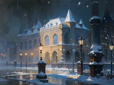 ((palace)), ((castle)), columns, ((night time)), darkness, evening, lights, ((russia)), ((19th century)), snowing, winter, (reno...